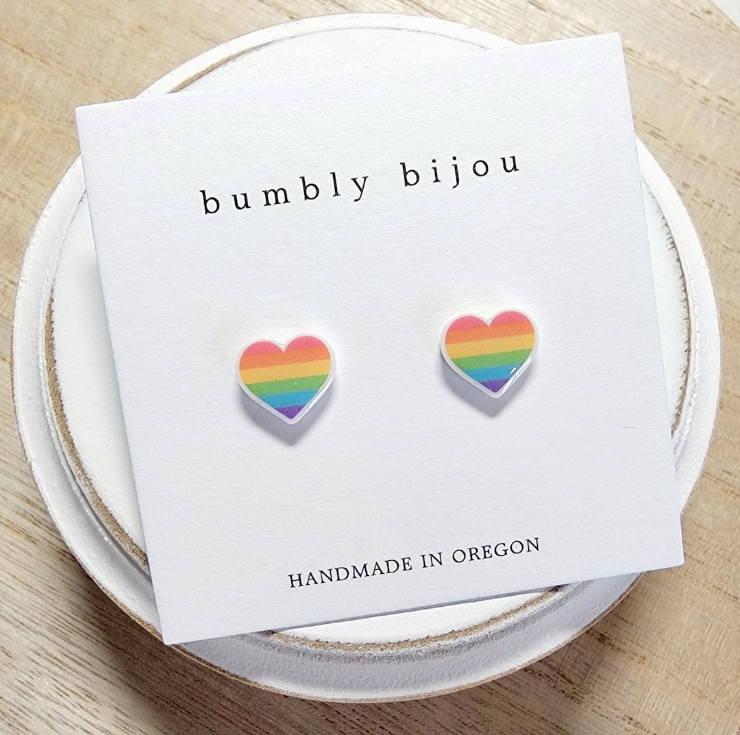 RAINBOW HEART Stud Earrings / Hypoallergenic Titanium Post / Pastel