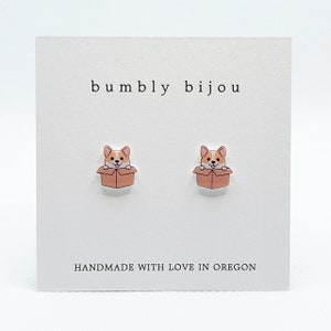 CORGI IN A BOX Earrings- Hypoallergenic Titanium Post, Cute Corgi Dog Puppy Earrings Kids Women Earrings Gift Teen Girls Gift Present