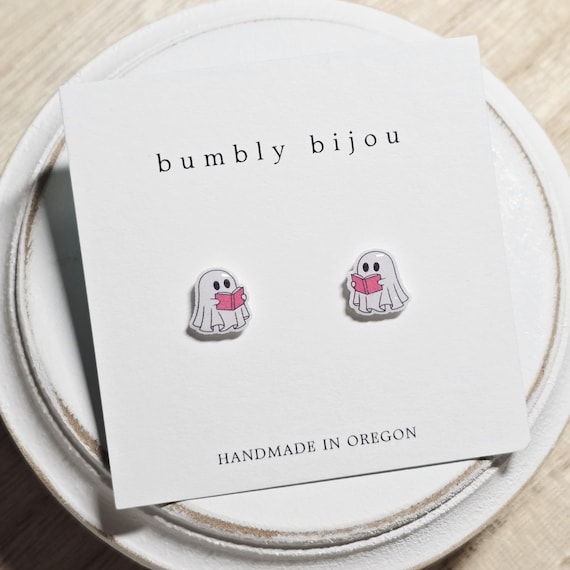 BOOKISH GHOST Earrings / Hypoallergenic Titanium Posts / Halloween Book Lover Gift / Small Cute Earrings