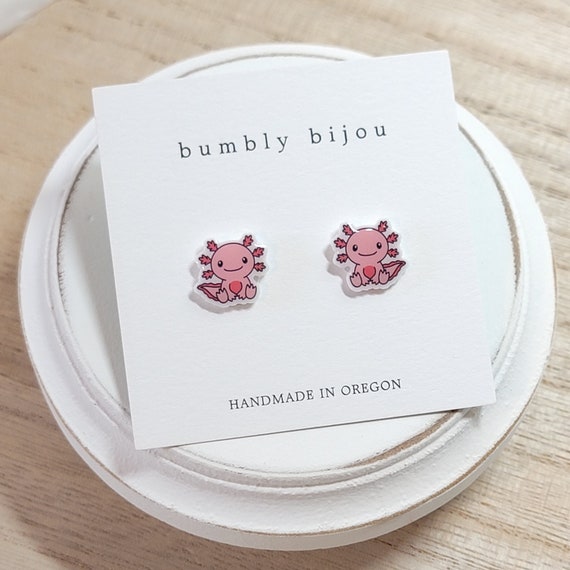 AXOLOTL EARRINGS / Hypoallergenic Titanium Stud Post / Amphibian Cute Adorable Pink Salamander Birthday Gift Present Kids Women Valentine