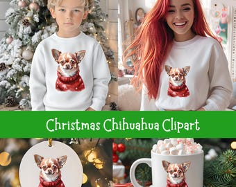 Aquarel kerst chihuahua clipart, schattige hond in rode trui png, vakantie aquarel puppy sublimatie ontwerp voor ornamenten, mokken, shirts