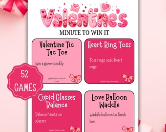 Valentine’s Day Minute To Win It Games | Fun Valentine Party Games for Kids & Adults | Classroom, Family, Couples Party Games Printable