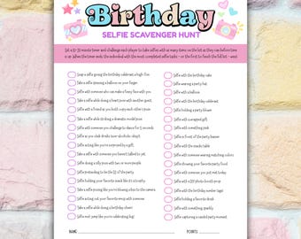 Pastelkleurige verjaardag selfie speurtocht, kinderverjaardagsfeestje, bewerkbaar verjaardagsspel, roze verjaardagsspel, spel tienerverjaardagsfeestje