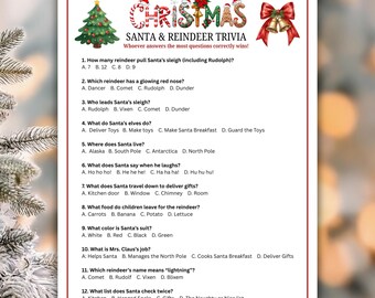 Christmas Santa & Reindeer Trivia Game Printable, Holiday Party Quiz, Kids and Adults, Classroom, Office, Family Activity, Instant Download