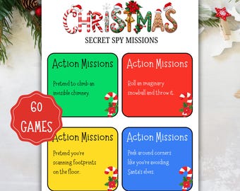 Afdrukbare geheime spionagemissies voor Kerstmis, leuke spionage-uitdagingen voor kinderen, kerstfeestspellen, vakantie-activiteit in de klas, kerstspel voor het hele gezin