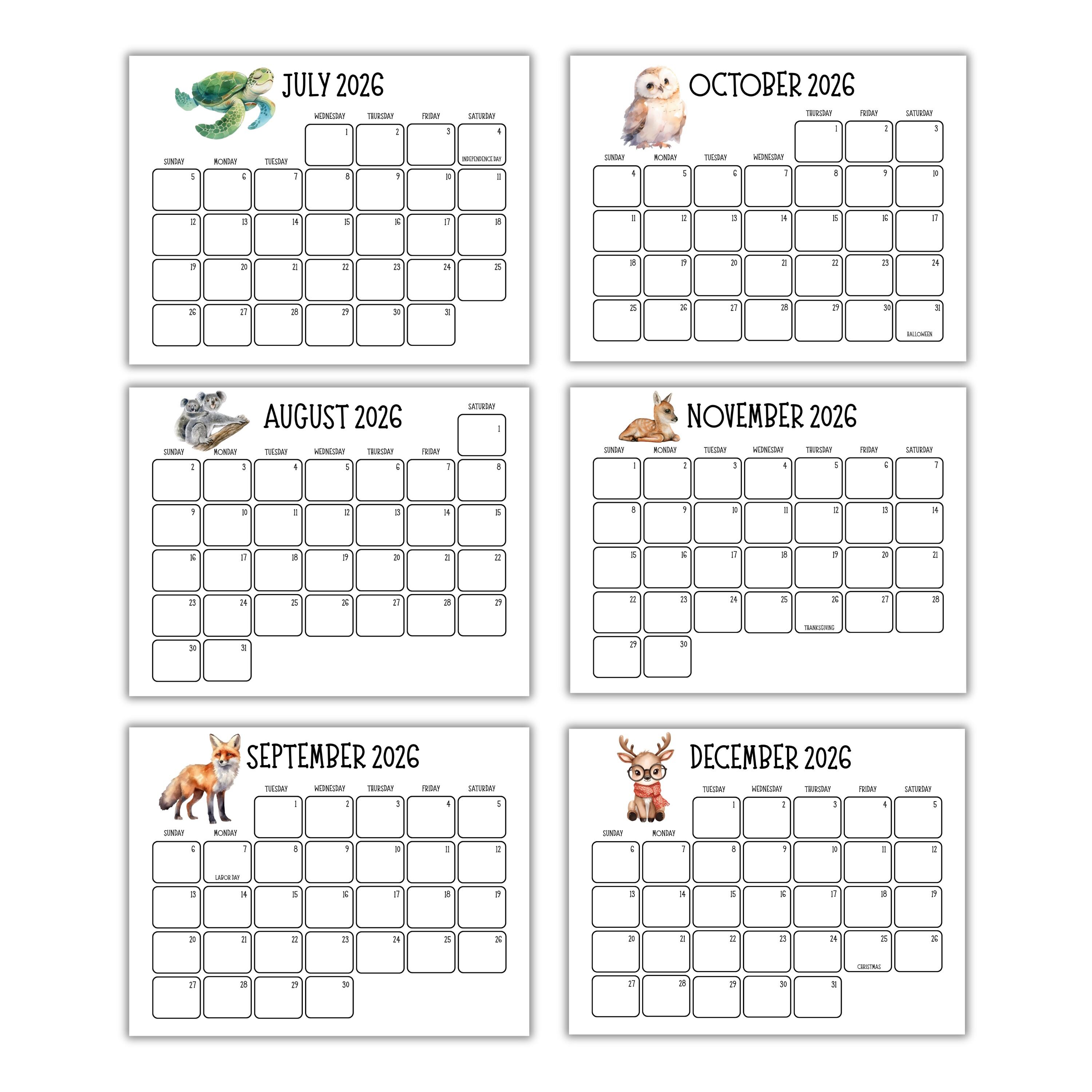 2026 Animals Calendar Printable Minimalist | Cute Animal Monthly Wall ...