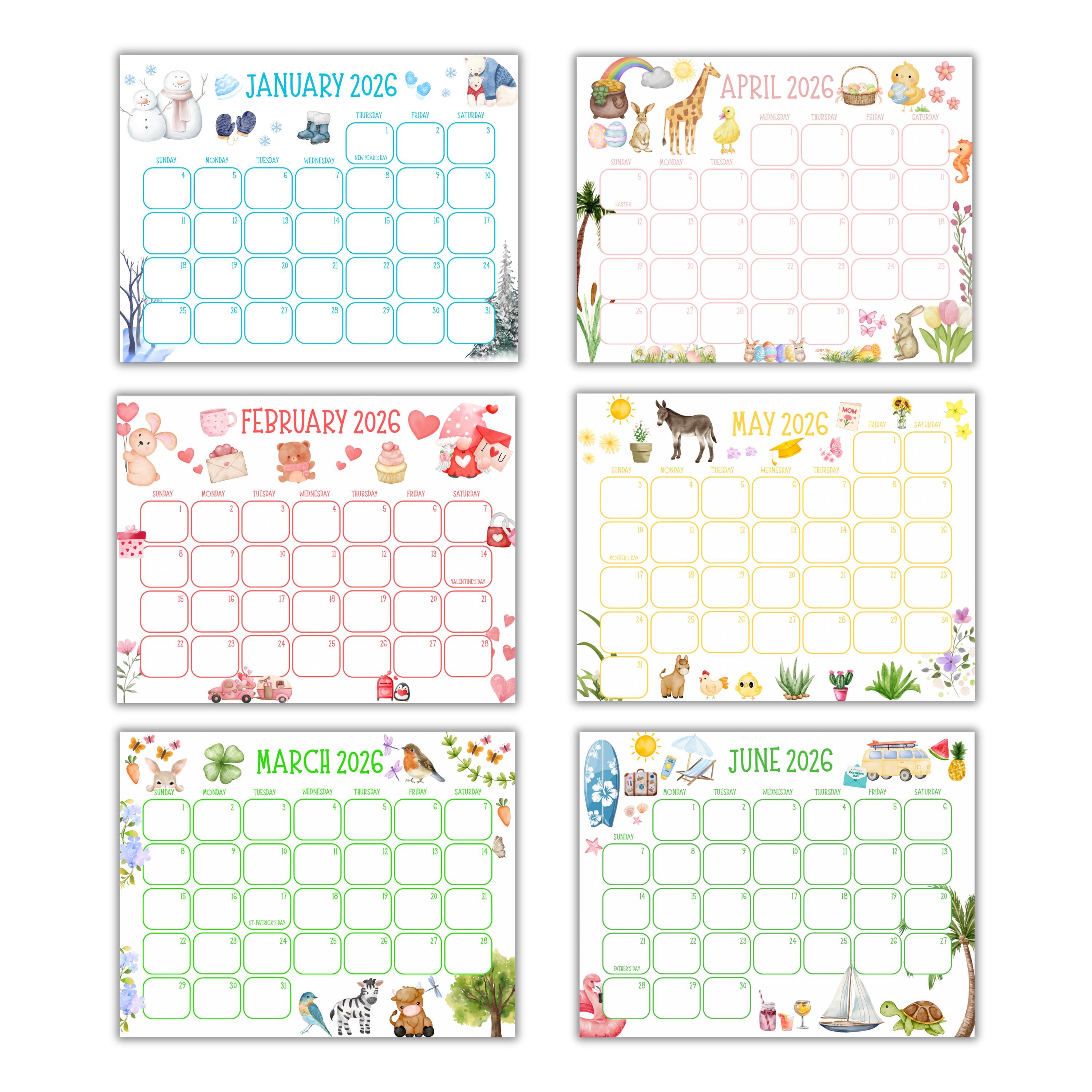 2026 Calendar Printable, Kids Cute Watercolor Monthly Calendar ...