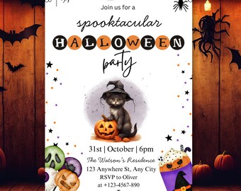 Cute Witch Cat Halloween Party Invitation | Editable Canva Template | Spooky Halloween Birthday Invite | Printable Digital Download