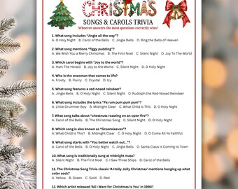 Christmas Songs & Carols Trivia Game Printable, Holiday Party Game, Christmas Music Quiz, Family Office Classroom Activity, Instant Download