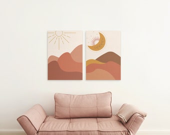 Boho Mountain Art Prints Set | Sun & Moon Decor (Digital Download)