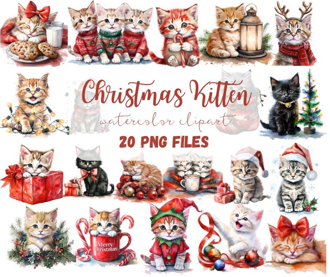 Christmas Kittens Watercolor Clipart | Holiday Cat Pngs (20 Files) - Etsy
