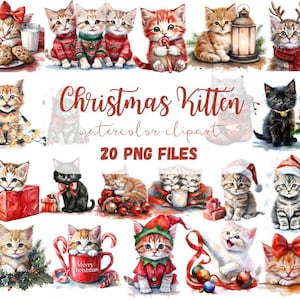 May include: Watercolor clipart featuring various kittens in festive Christmas attire. The image includes kittens with Santa hats, scarves, and holding candy canes. The text "Christmas Kitten watercolor clipart" is also present, along with "20 PNG FILES".