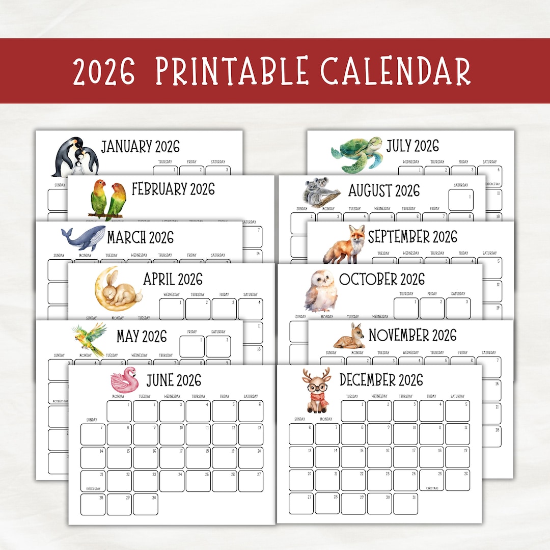 2026 Animals Calendar Printable Minimalist | Cute Animal Monthly Wall ...