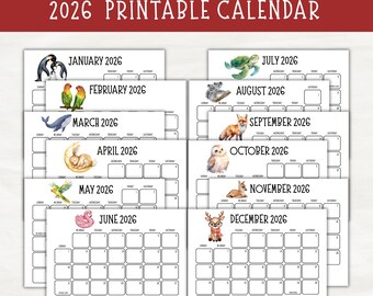 Dierenkalender 2026 afdrukbaar minimalistisch | Maandkalender met schattige dieren | Planner 2026 | Kantooragenda