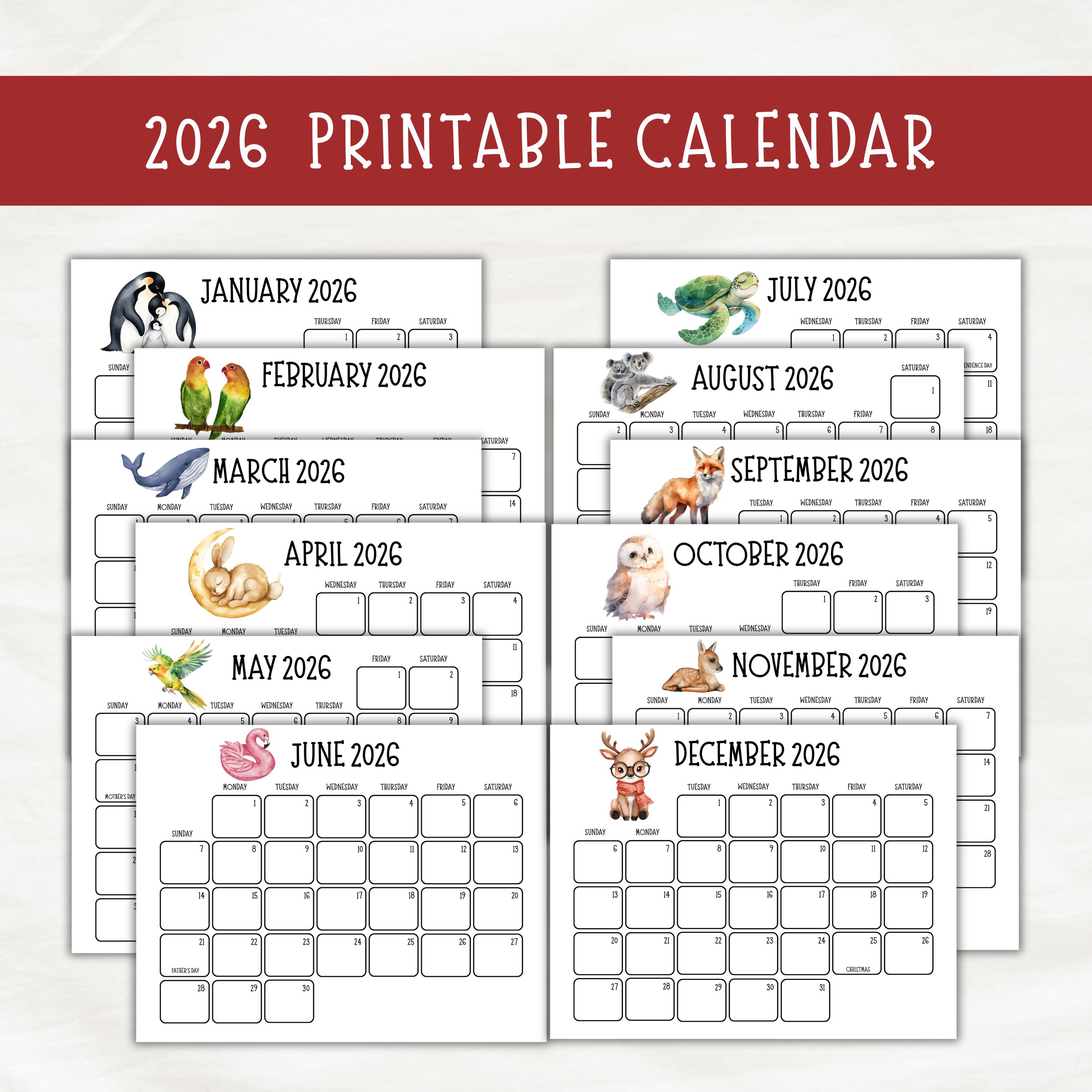 2026 Animals Calendar Printable Minimalist | Cute Animal Monthly Wall ...