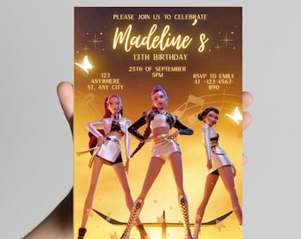 Printable Kpop Demon Hunters Birthday Invitation, Editable Canva Template, Digital Party Invite, Anime Birthday, Golden Kpop Demon Hunters