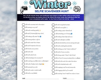 Afdrukbare winterselfie speurtocht, leuk winterfeestspel, winterspellen afdrukbaar, gezinsactiviteit, winterspelen, kantoorfeestspellen