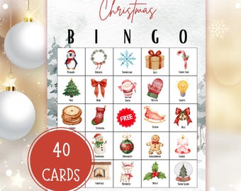 Afdrukbaar kerstbingospel, 40 afdrukbare bingokaarten, kinderklasfeestactiviteit, familiespel vakantie, perfect voor familiebijeenkomsten