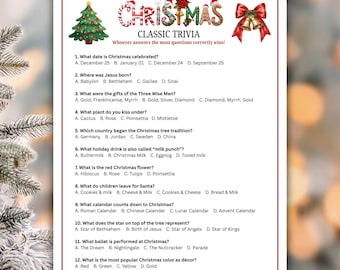 Christmas Trivia Game Printable, Holiday Party Quiz Kids & Adults, Instant Download, Classroom, Office, Family Christmas Game, Fun Games