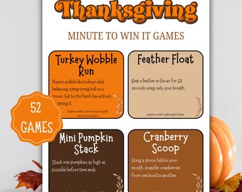 Thanksgiving Minute to Win It Games afdrukbaar, 52 leuke gezelschapsspellen, herfstactiviteiten familiefeest, tieners en volwassenen, printables feestspellen