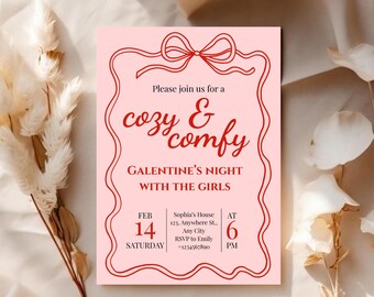 Galentine’s Day Invitation Template, Comfy and Cozy Valentines Day Invite Girls Night Pajama Party, Editable Printable Gal Pals Celebration