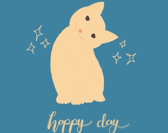 Hand-Drawn Happy Cat Art Print, Kids Room Decor (Digital Download)