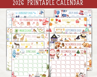 2026 Druckbarer Kalender, Süßer Aquarell-Monatskalender für Kinder, Bearbeitbarer Kalender, Kinder-Monatsplaner, Schulplaner, Wandkalender 2026