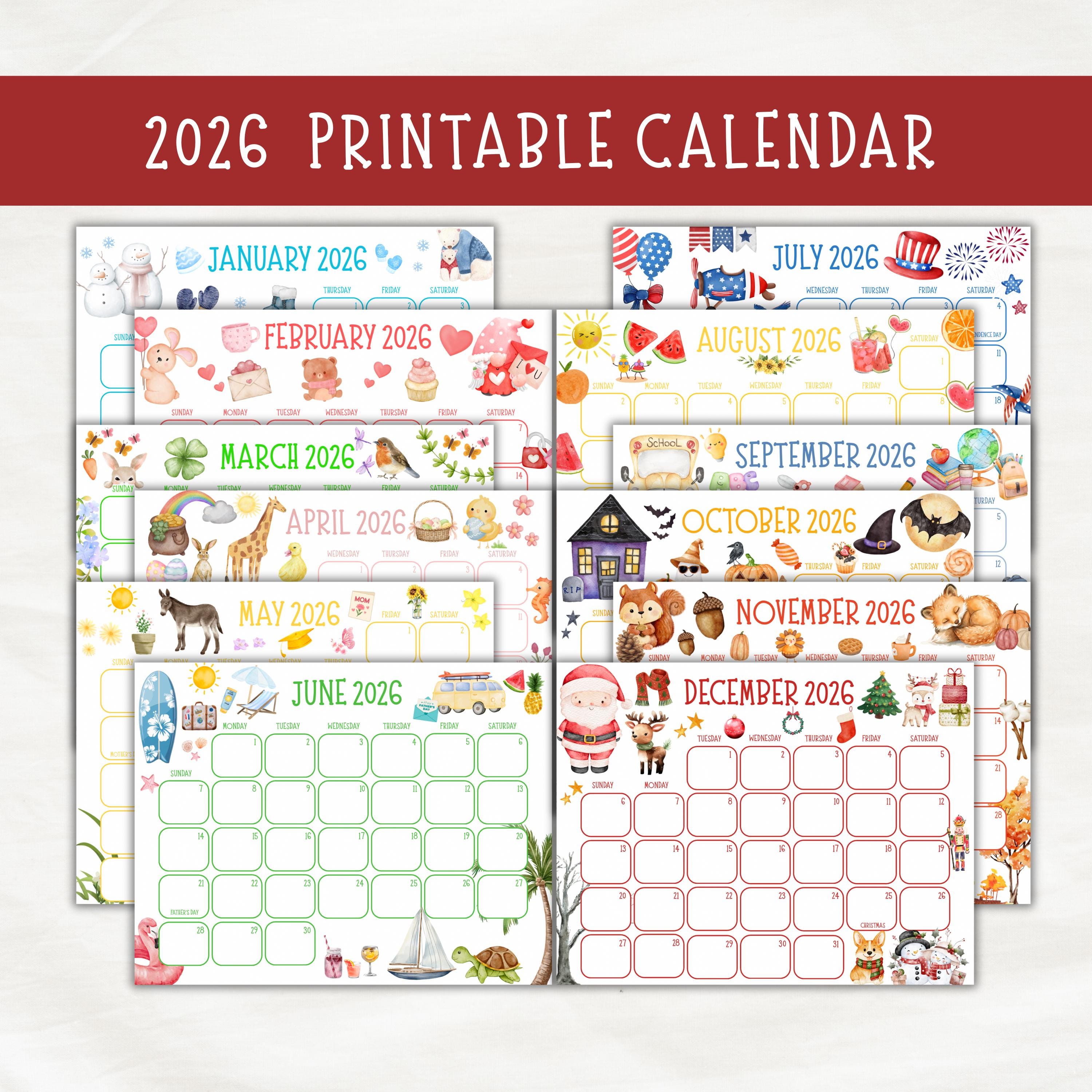 2026 Calendar Printable, Kids Cute Watercolor Monthly Calendar ...