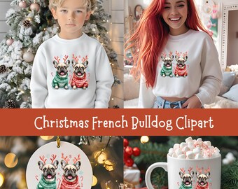 Kerst Franse Bulldog clipart, leuke vakantie hond png, rendiergewei & trui bulldog, kerst huisdier sublimatie, winter cartoon puppy kunst