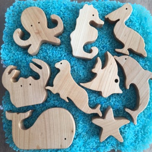 Conjunto de animales marinos de madera, juguetes de madera, regalo para bebé, juguetes naturales, juguetes de madera orgánica