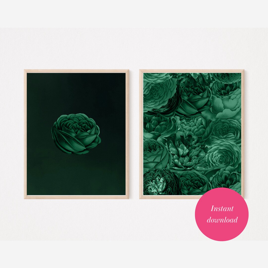 GREEN Floral Wall Art Digital Art Prints Emerald Green Wall Etsy