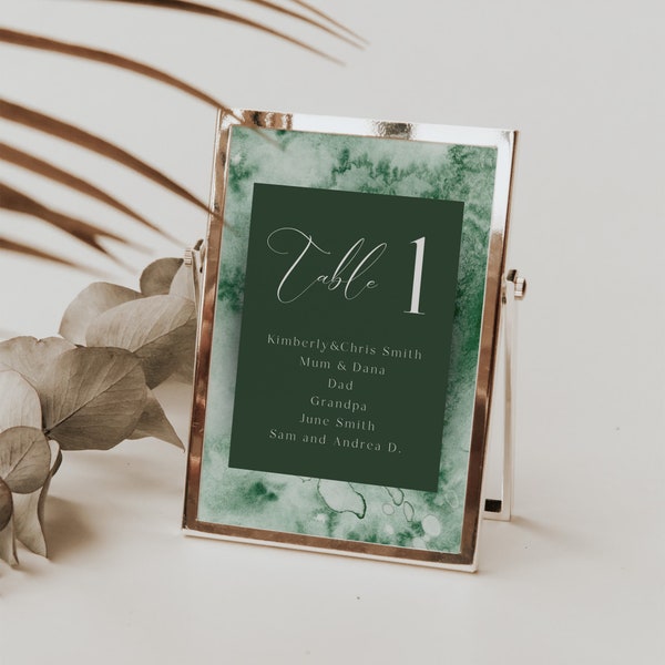 Emerald green table numbers, watercolour table numbers, wedding table numbers, digital download template, printable table cards