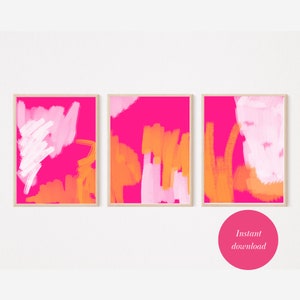 Hot Pink Wall Art Set Of 3 Prints , Set of 3 Pink Prints, Over Sofa Prints,Pink abstract Print Set, Pink Poster Set, Pink Posters Art