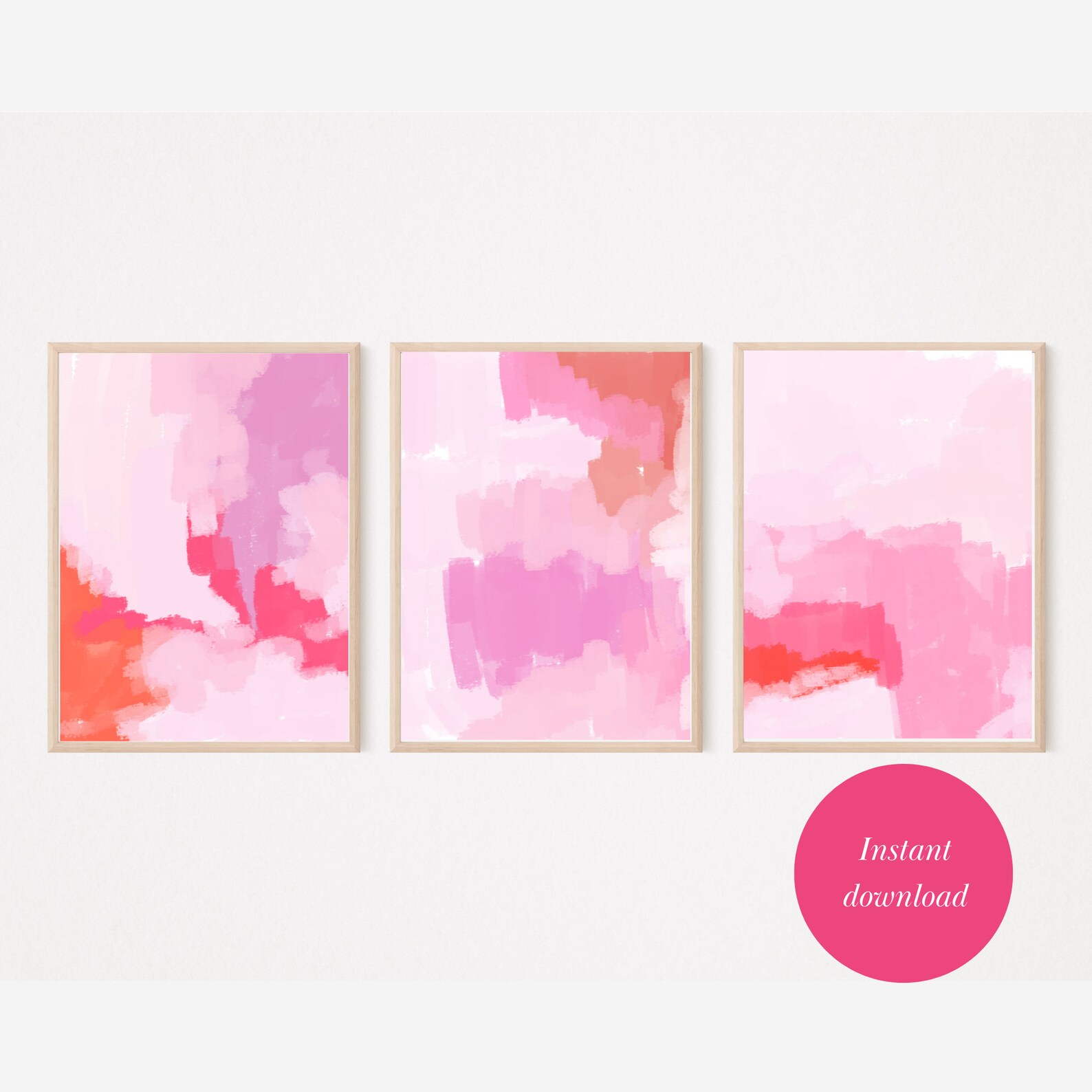Hot Pink Wall Art Set of 3 Prints , Set of 3 Pink Prints, Over Sofa Prints,pink Abstract Print