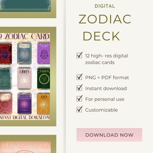 Zodiac Card Bundle | 12 Astrology Digital Cards | Printable Tarot Wall Art | Celestial Signs | Instant Download Spiritual Gift