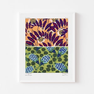 May include: Two vintage floral patterns, one with red and blue leaves on an orange background, and the other with blue flowers and green leaves on a green background. The text below the patterns reads "SUGGESTIONS for silks and cottons" and "SUGGESTIONS for fabrics in two tones".