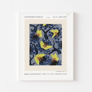 Könnte beinhalten: Ein Vintage-Kunstdruck mit einem blauen und gelben Blumenmuster mit dem Titel "Samarkande" von E-A Seguy. Der Text "COMPOSITIONS DANS LE GOUT ORIENTAL" befindet sich am unteren Rand des Drucks.