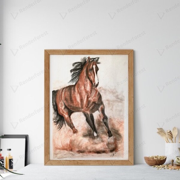 Dessin original de cheval au fusain, Art unique, Portrait d’animal.