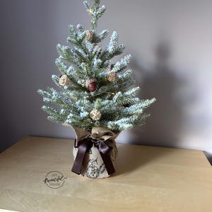 May include: A small, flocked, artificial Christmas tree with brown and natural-colored ornaments, wrapped in burlap with a brown ribbon. The tree is lit with white fairy lights.