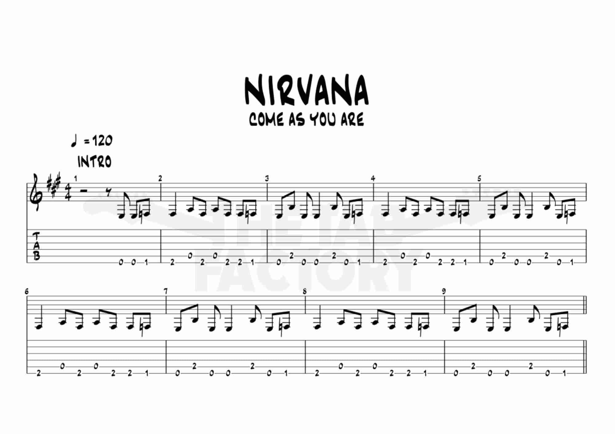 Nirvana Come as You Are electric Guitar Tabs / Score Rock Etsy