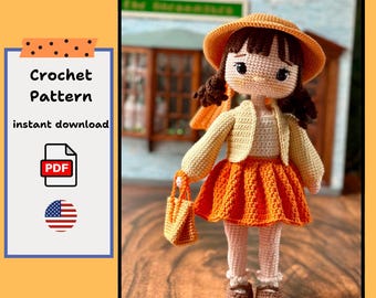 ヘイリーの編みぐるみ人形の編み図：オレンジ色の服（英語PDFパターン