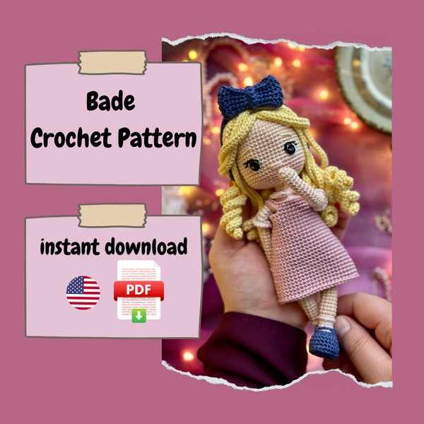 Bade Crochet Pattern,Handmade Toy Making, Plush, Unique Handcraft,Cute Yellow Hair Girl, Pink Dress, English Pattern