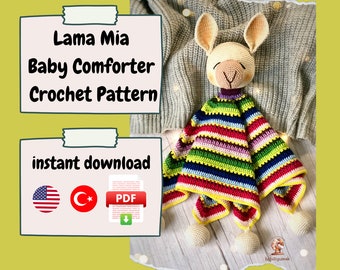 Lama Mia Snuggler Crochet Pattern, Crochet Lama Lovey, Amigurumi Animal Sleeping Friend Pattern, Baby Comforter, Animal Lovey, Colorful.