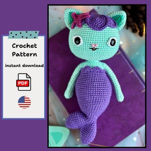 Amigurumipatroon zeemeerminkat, schattige kat, handgemaakt speelgoed maken, gehaakt pluche, uniek, Engels
