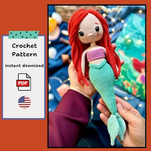 Mermaid Amigurumi Crochet Pattern: Orange Hair, Mint Tail (English PDF Pattern)