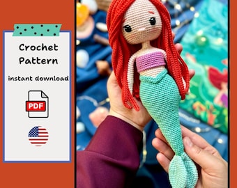 Haakpatroon zeemeerminamigurumi: oranje haar, mintstaart (Engels pdf-patroon)