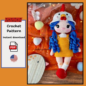 Etsuko Kawaii Doll Crochet Pattern: Chicken Costume Amigurumi (engelsk PDF-mönster)