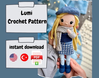 Winter Doll Amigurumi Crochet Pattern,Blonde Hair Girl, Handmade Toy Making, Crochet Plush, Unique Handcraft, Autumn Doll, Snow, Blue Dress