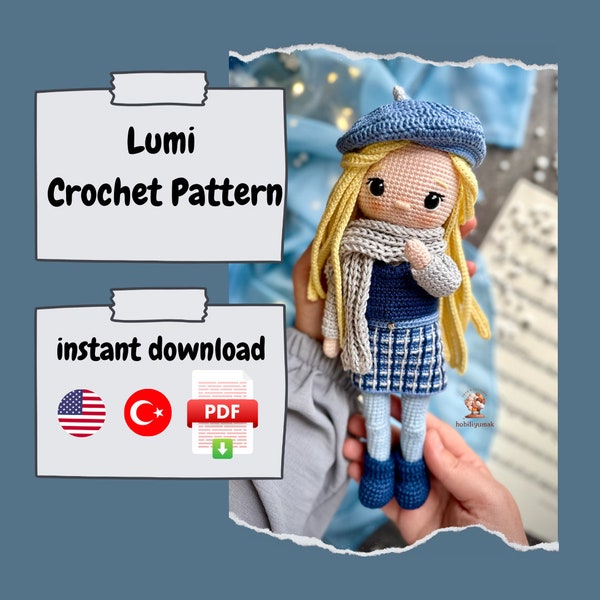 Modèle au crochet Amigurumi pour poupée d'hiver, Fille aux cheveux blonds, Fabrication de jouets faits main, Peluche au crochet, Artisanat unique, Poupée d'automne, Neige, Robe bleue