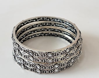Set of 4 Oxidised Silver Indian Bangles, Size 2.6 Kangan Style